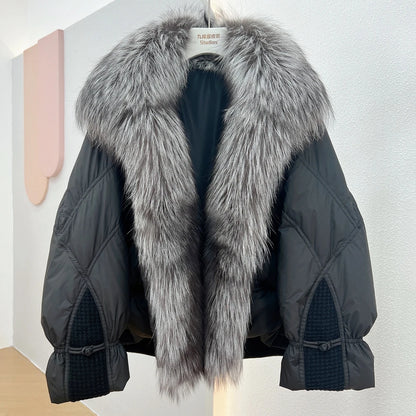 Janveny Natural Silver Fox Fur Collar Jacket