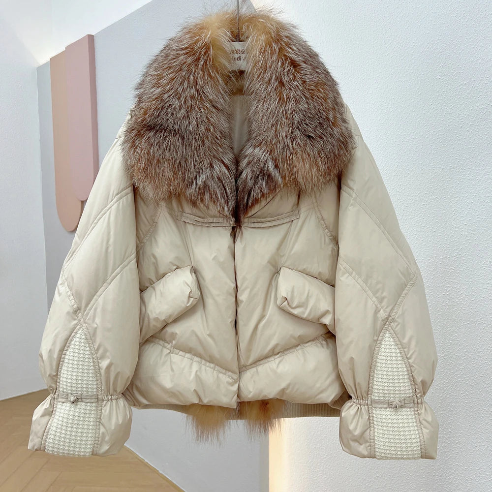 Janveny Natural Silver Fox Fur Collar Jacket