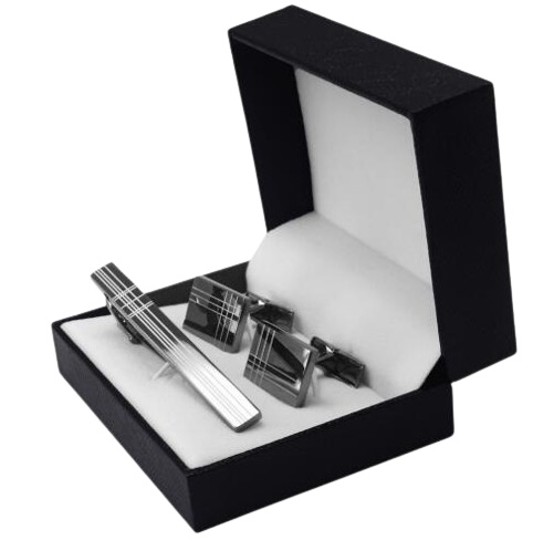 Classic Square Black Laser Stripe Cufflinks Tie Clips Set