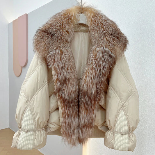 Janveny Natural Silver Fox Fur Collar Jacket