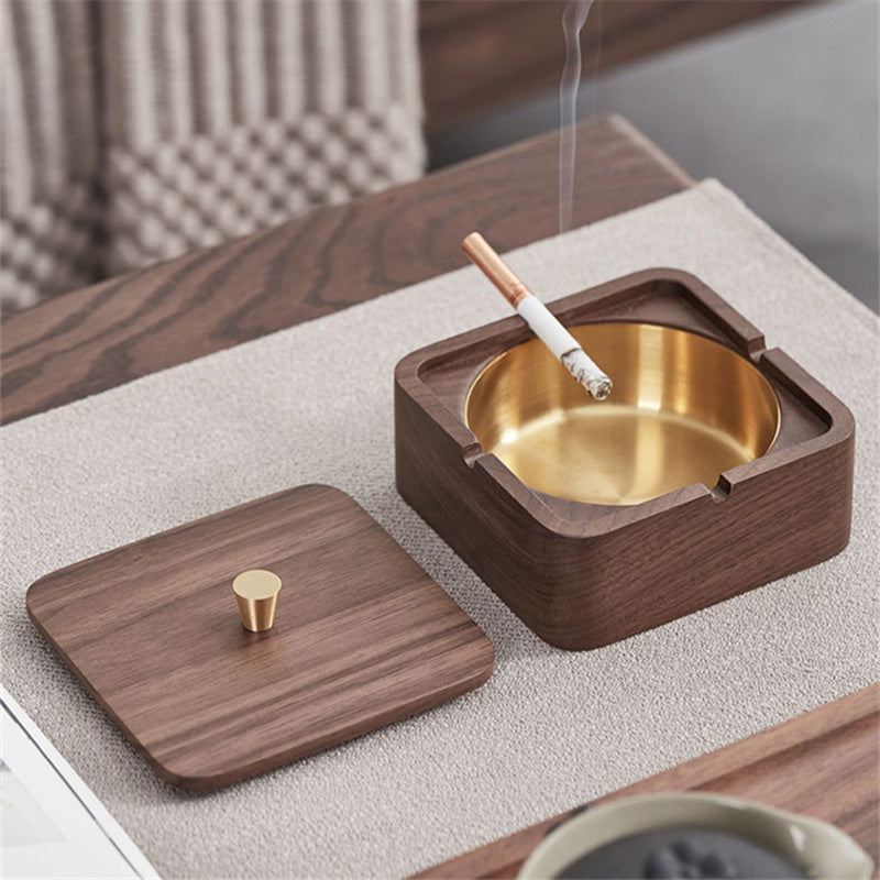 Walnut Solid Wood Ashtray W/Cover